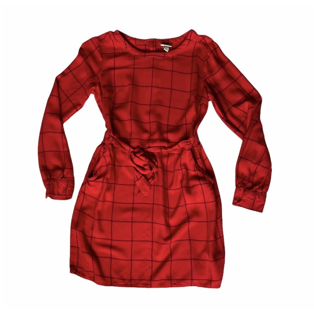 A New Day Women's S Red w/Blue Checked Long Sleeve Short Dress Rayon Button Back